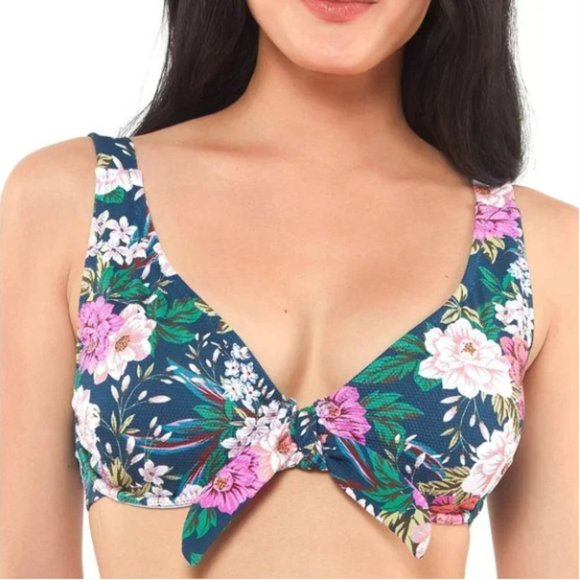 NWT Jessica Simpson Floral-Print Tie-Front Bikini Top, Size L, D Cup - Picture 1 of 8